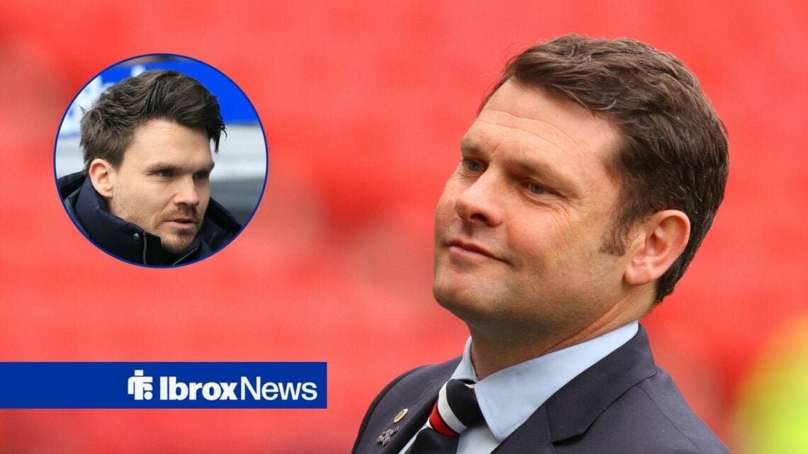 Graeme Murty during his time in charge of Rangers, looking towards a circular frame inset of Danny Rohl