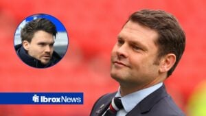 Graeme Murty during his time in charge of Rangers, looking towards a circular frame inset of Danny Rohl