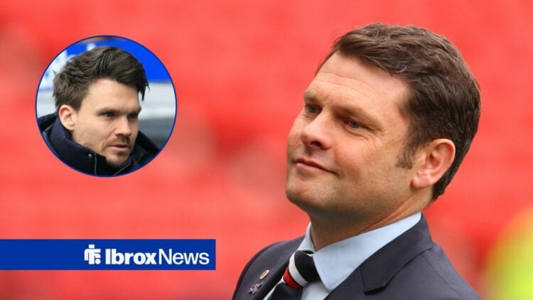 Graeme Murty during his time in charge of Rangers, looking towards a circular frame inset of Danny Rohl