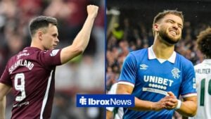 Lawrence Shankland celebrates, while Nicolas Raskin grimaces in a split image