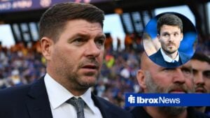 Steven Gerrard looking annoyed towards a circle inset of Danny Rohl looking concerned