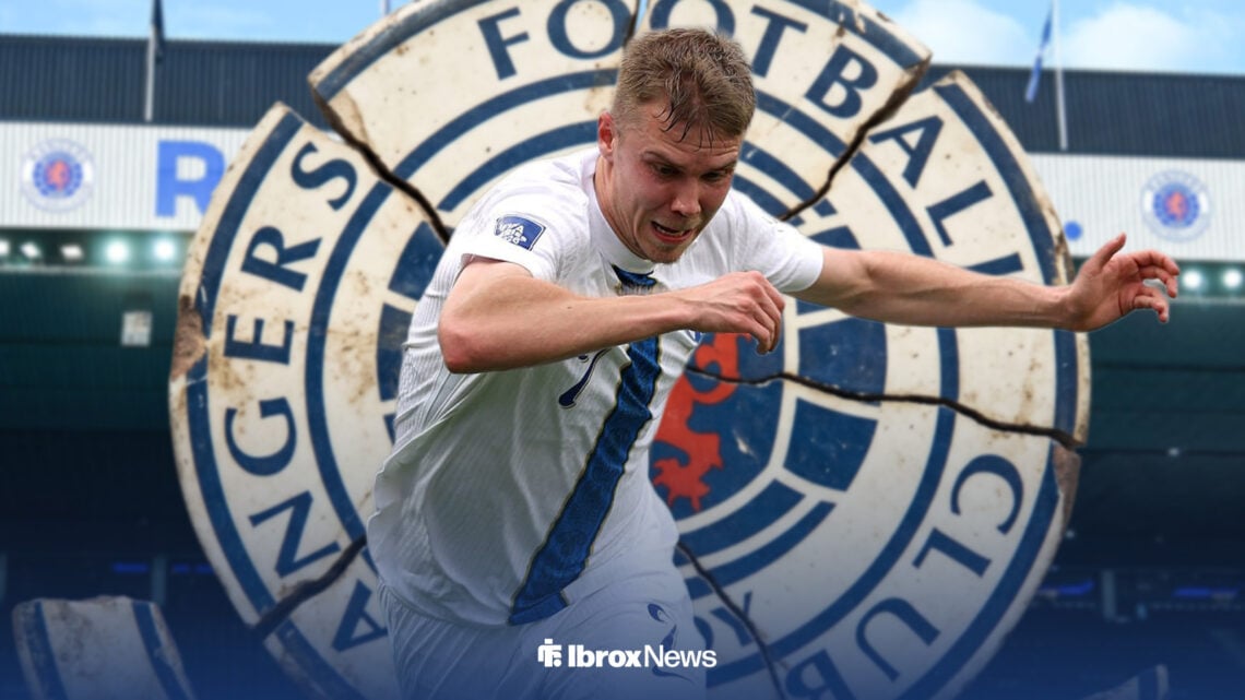 Oliver Antman in action for Finland with broken Rangers badge